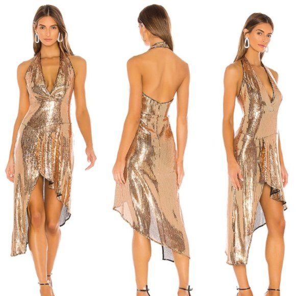 Lovers + Friends Duchess Dress Size S Gold Sequin Asymmetric Hem Halter Cocktail - Picture 1 of 11